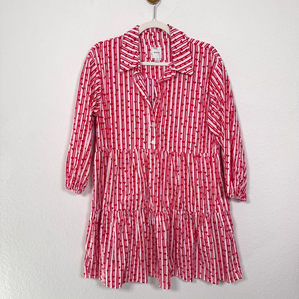 Anthropologie Maeve Womens The Bettina Tiered Mini Shirt Dress Hearts Size M Red